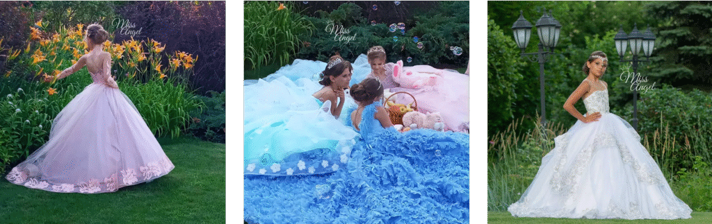 Three young girls wearing pastel pink, blue, and white ball gowns in a lush garden setting. The dresses feature floral lace, voluminous skirts, and intricate embroidery, representing luxury fashion for children’s celebrations and formal events.