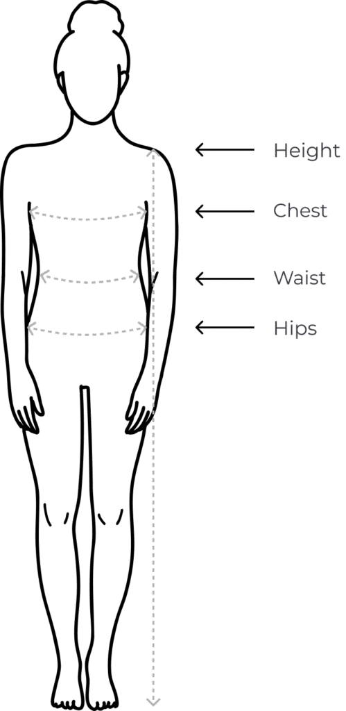 Female measurement guide for luxury children’s clothing sizing. Diagram shows how to measure height, chest, waist, and hips using arrows on a silhouette. Ideal for accurate size selection in premium fashion and newborn hamper collections.