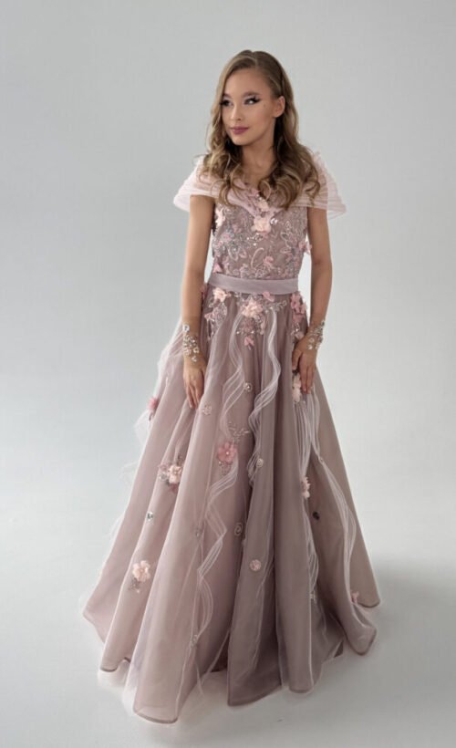 Elegant mauve celebration dress for young girls with floral embroidery, lace bodice, and ruffled sleeves—perfect for weddings, birthdays, and formal events.
