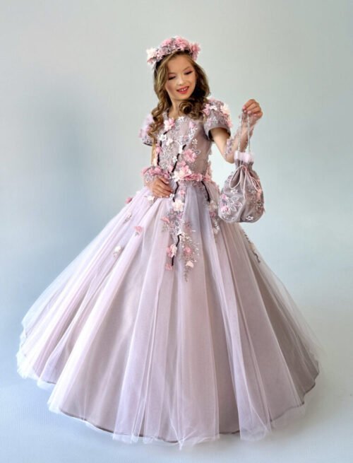 Girls’ pink floral celebration gown with matching handbag and headpiece—featuring tulle skirt, embroidered bodice, and short embellished sleeves for weddings and pageants.