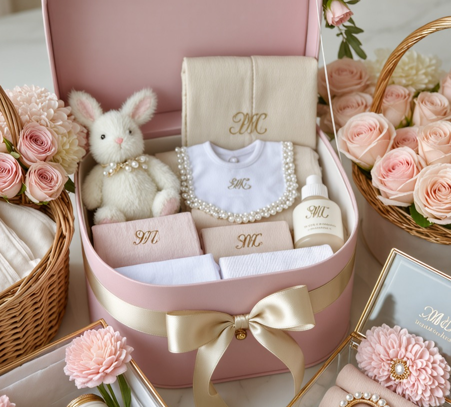 Luxury pink newborn baby hamper with plush bunny, embroidered towels, pearls and floral accents by Miss Angel Couture.