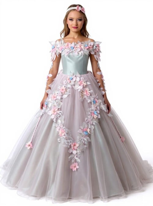 Girl wearing ivory ball gown with diamond-shaped pastel floral appliqués, puff sleeves, and pink flower headband