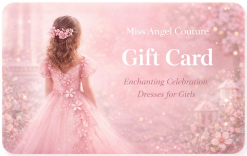 Young girl in pink floral gown with curled hair, back turned, in dreamy pastel setting — Miss Angel Couture gift card.